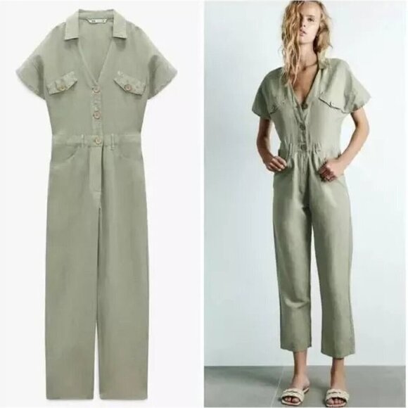 Zara Pants - ZARA Green Khaki Linen Blend Short Sleeve Jumpsuit  SIZE S 8200/708/506